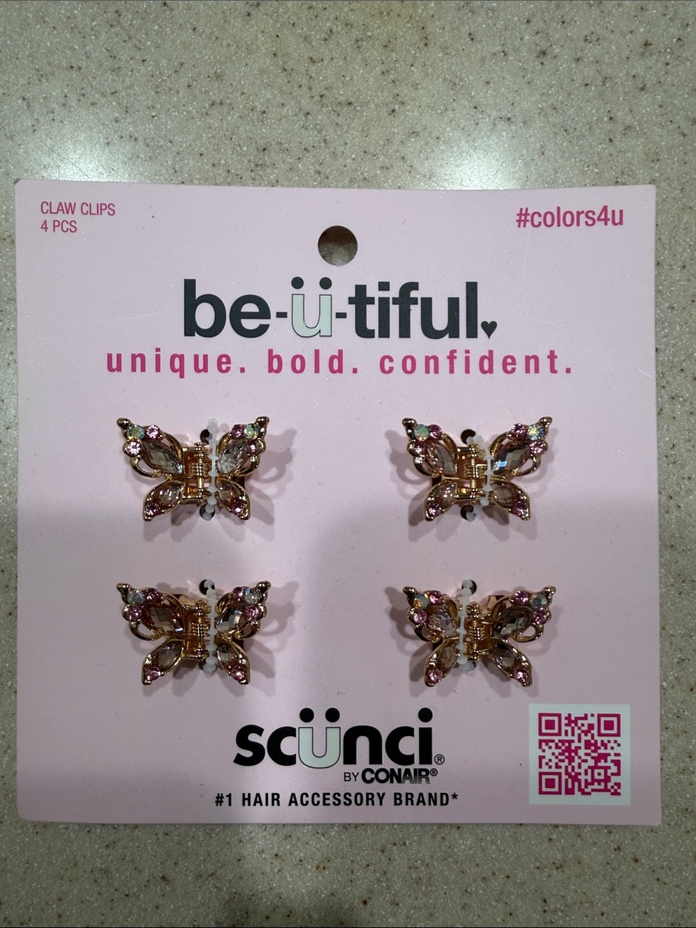 scunci gold butterfly claw clips with pink rhinestones (4pcs)